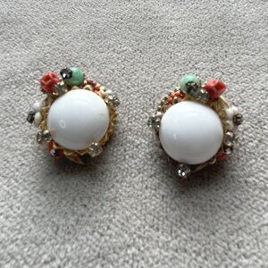 Vintage Gold-Tone Clip-On Earrings With White Cabochons & Multicolor Bead Accent